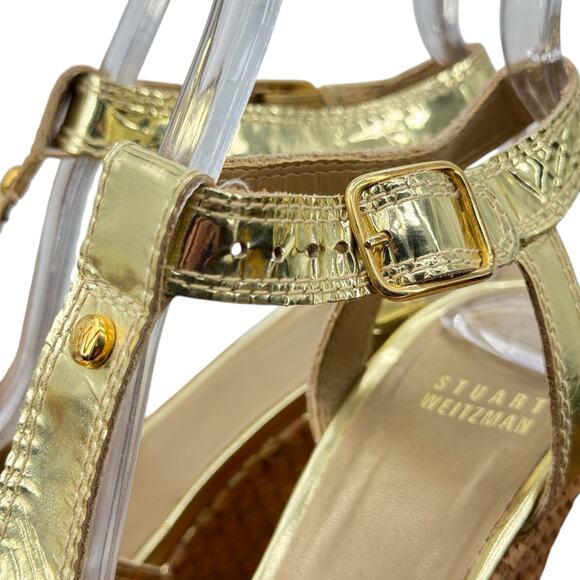 Stuart Weitzman Juty Woven Gold Metallic Wedge Sandal Women 6.5 Resort Luxe Glam